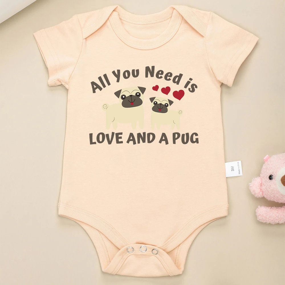 High Quality 100% Cotton Baby Boy Clothes Grey Cute Pug Print Onesies Street Casual Breathable Toddler Girl Jumpsuit 0-24 Months