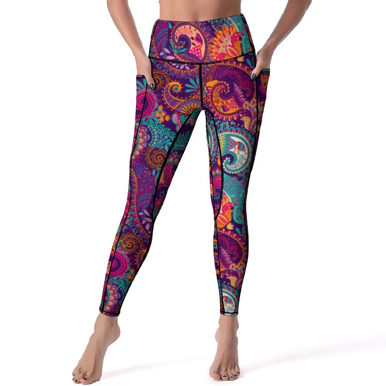 

Floral Paisley Leggings Purple and Orange Gym Yoga Pants High Waist Funny Leggins Stretchy Printed Sports Tights XL XXL