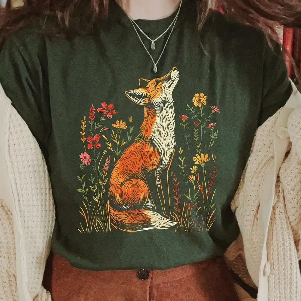 Vintage flor selvagem raposa conforto camisas luz academia cottagecore prepúcio caprichoso camisa casual diário y2k topo streetwear