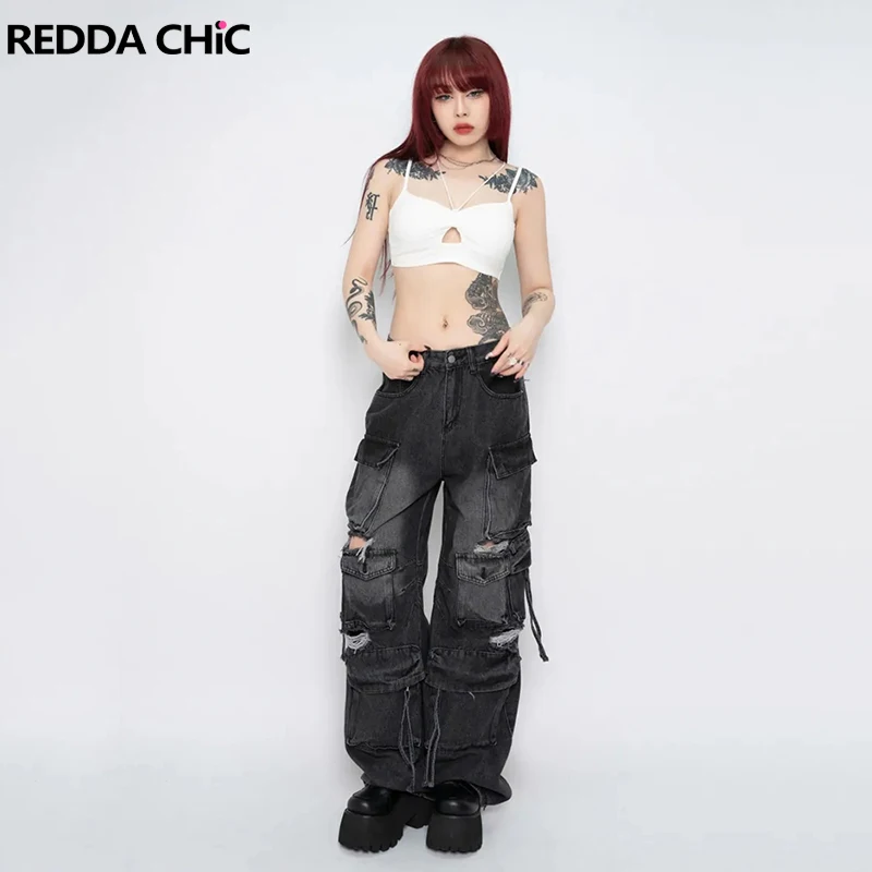 

REDDACHiC Vintage Wash Cargo Pockets Women Baggy Jeans Destroyed Do Old High Waist Wide Leg Denim Pants Skater Hiphop Streetwear