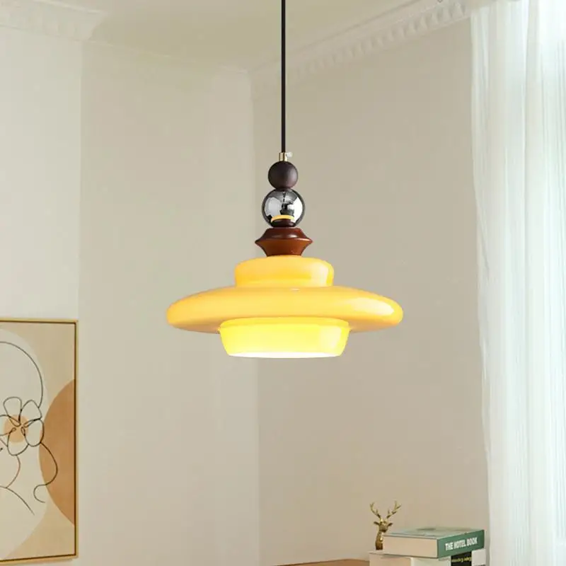 

Solid wood dining room chandelier simple retro style cream orange glass lampshade table lamp