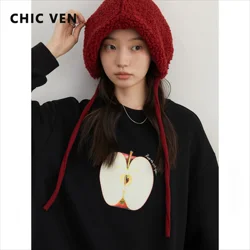 CHIC VEN Women Sweatshirts New Korean Round Neck Apple Printed Plush Hoodie Female Casual Top for Woman Autumn Winter 2024