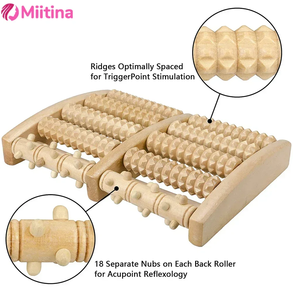 Wooden six row large roller foot massager with engraved characters for hand massage, household foot massager