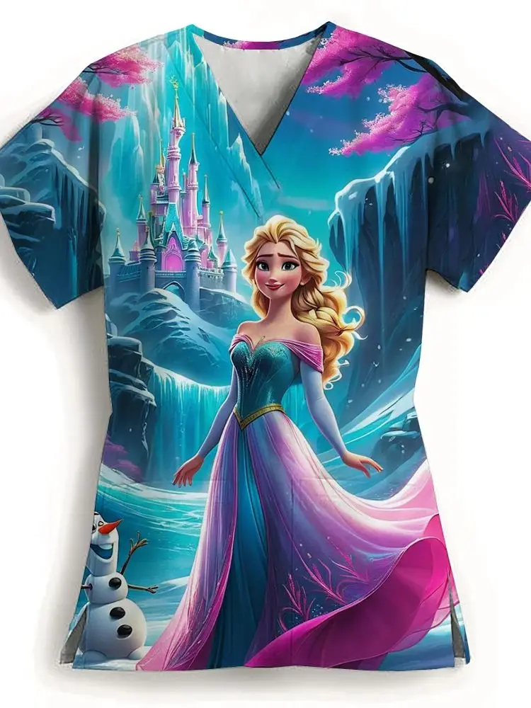 Disney Princess Print nurse uniform dental clinic V-neck surgical gown Snow White pet hospital work clothes women's short-sleeve