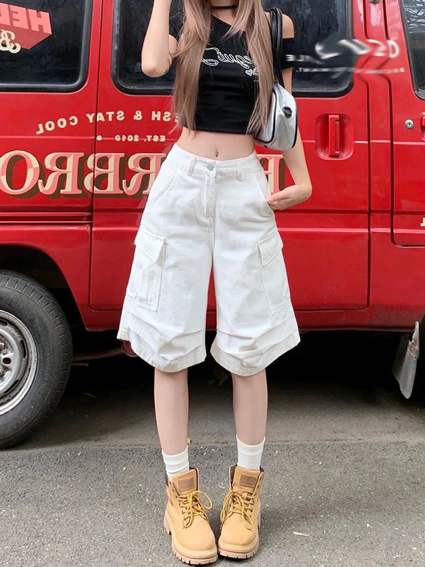 American Style Five-Point Wide Leg Denim Shorts Women's Casual Folded Multi-Pocket Small Size Straight Casual Workwear Mid-Pants
