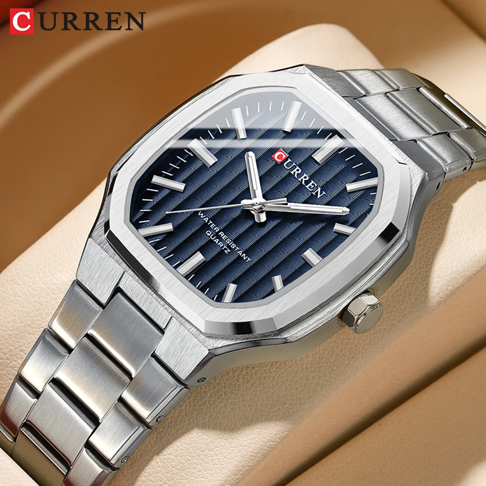 CURREN Square Casual Men's Watches Quartz Clock Stainless Steel Bracelet Simple Business Wristwatch with Luminous Hands