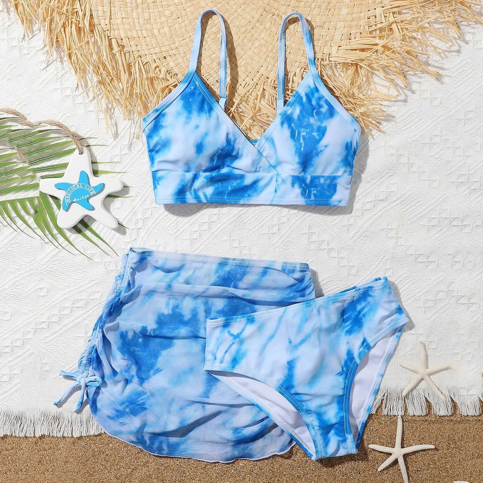 Swimwear Girls\' Summer Cute Crisscross To Dyeing Printing Floral Print Three Piece Swimsuit swimwear baby girl 2-12 Year