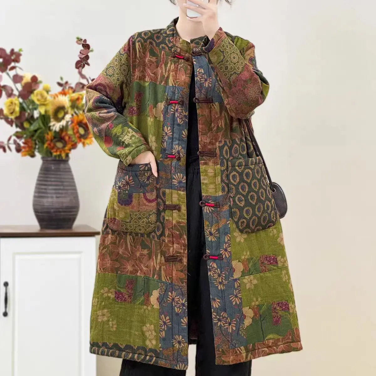 

Retro Floral Embroidery Cotton Jaet Women's Mid-Length New Chinese Sle Cotton Coat Ethnic Sle Long Sve Stand Collar