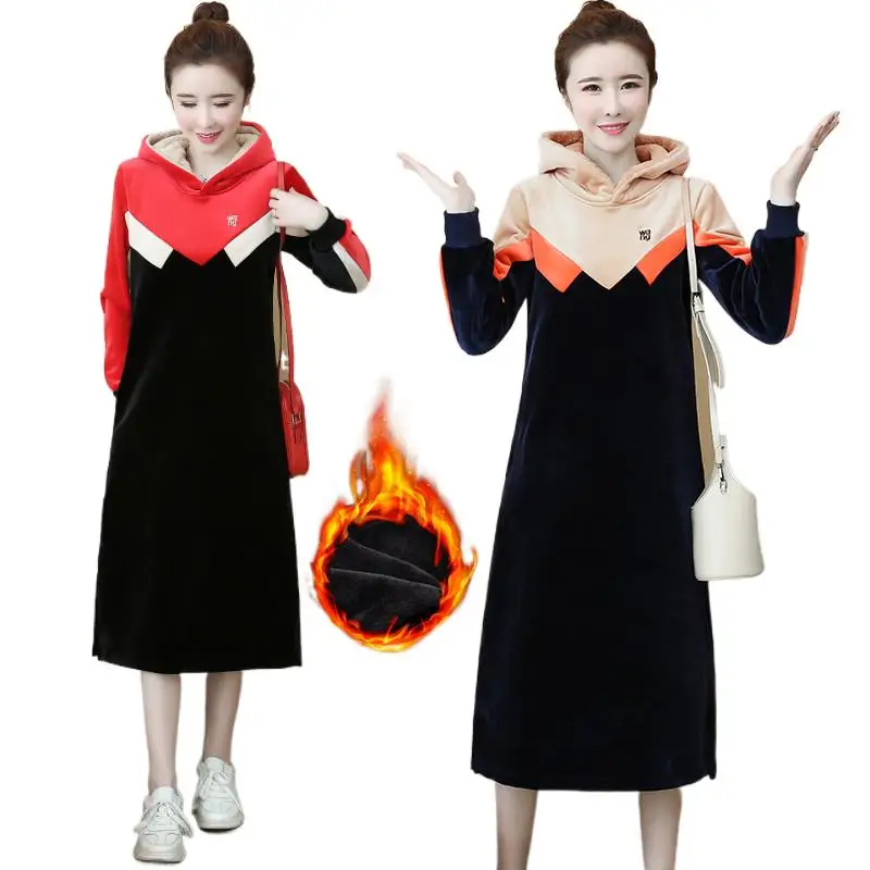

Winter Autumn Women Hooded Dress Fashion Casual Long Sleev Velvet Dress Elegant Streetwear Patchwork Party Dress vestido