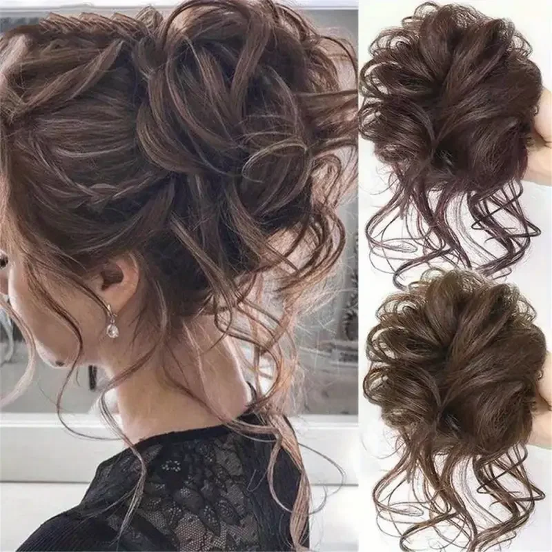 Messy Curly Hair Bun Scrunchies Elastic Hair Chignon Extension Synthetic Wavy Messy Donut Hairpieces Soft Fluffy Ponytail Hair Accessories for Women Daily Wedding Party