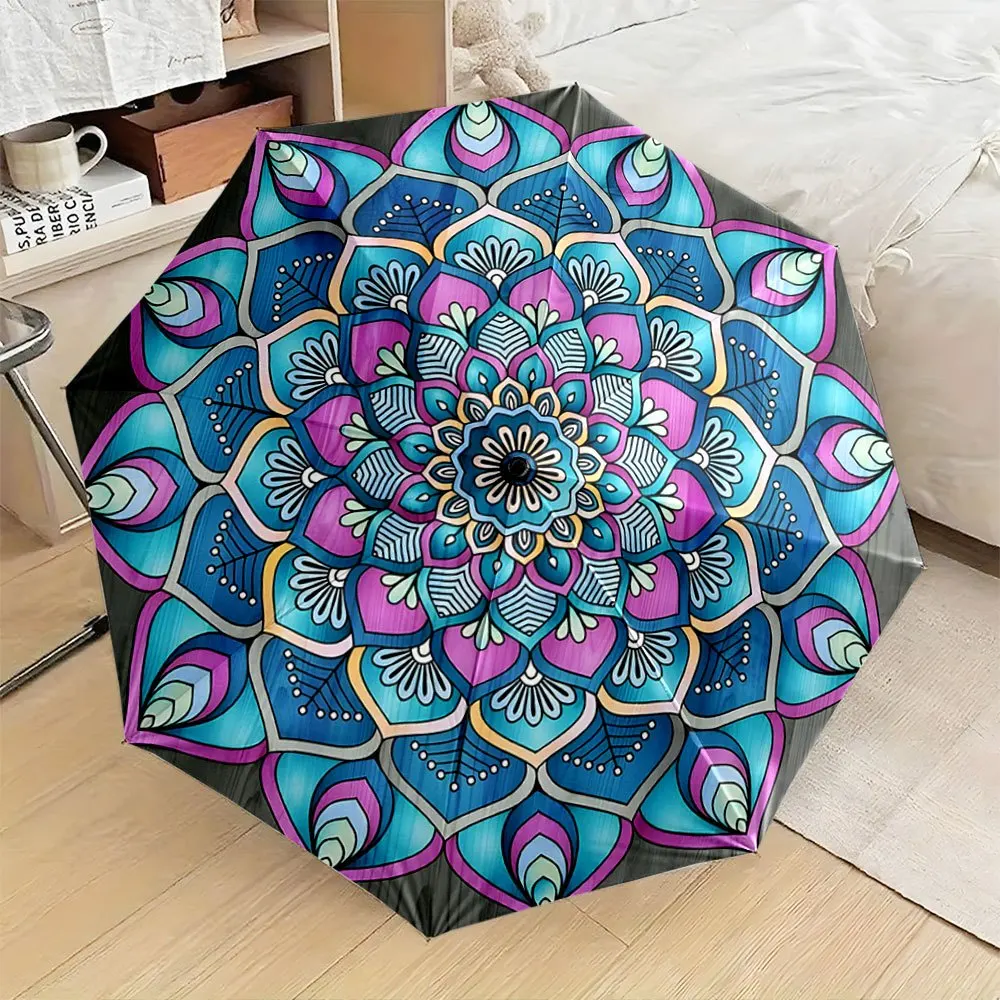 

Automatic Folding Umbrella Colorful mandala pattern. Portable collapsible design, casual outdoor accessory, Christmas birthday