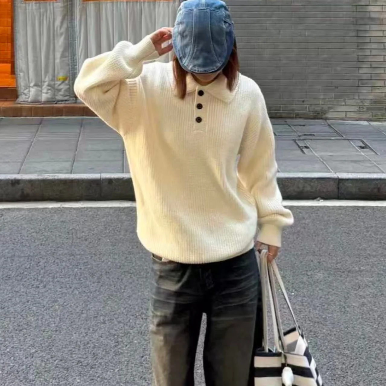 Suéter de punto elegante para mujer, prendas de vestir exteriores con sensación holgada y cuello, Faion coreano, Otoño Invierno, sensación de alta gama