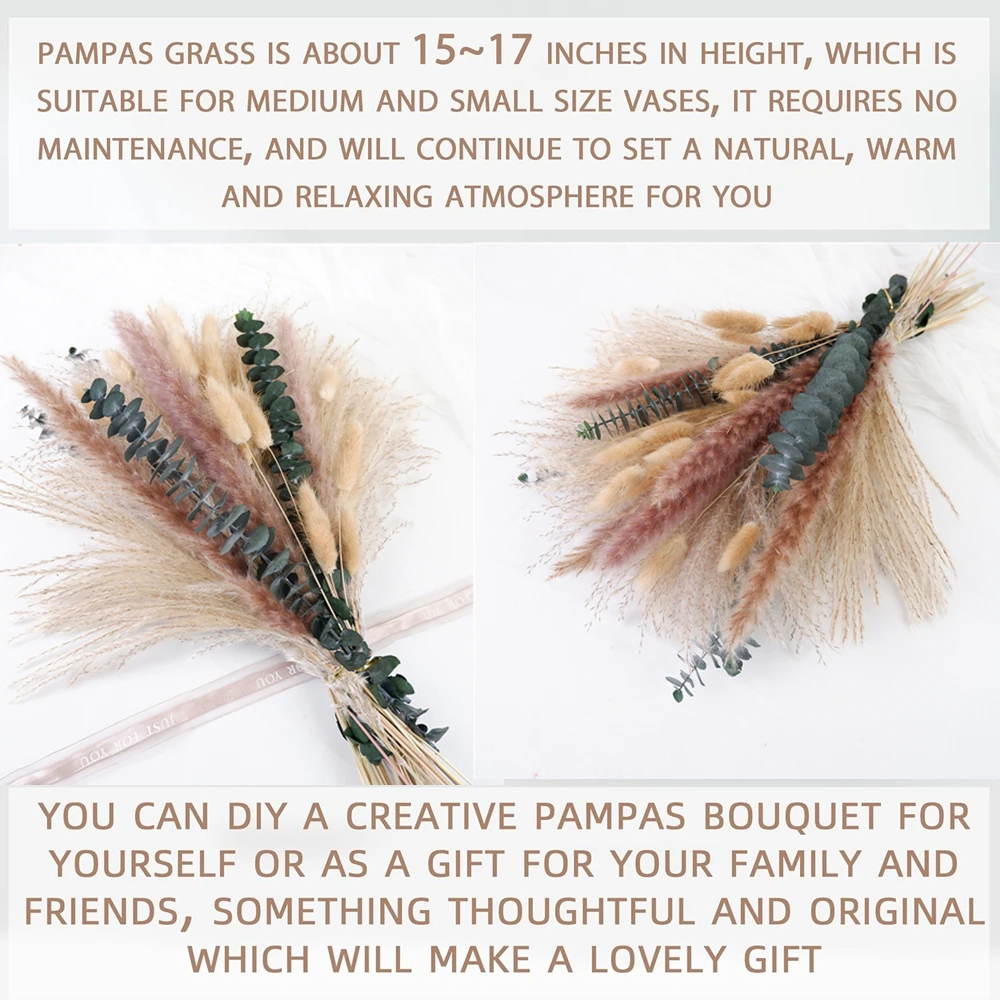 باقة زهور مجففة وباقة عشب بامباس مكونة من 60 قطعة - ديكور منزلي بوهو طبيعي لعيد الميلاد وعيد الشكر والهالوين