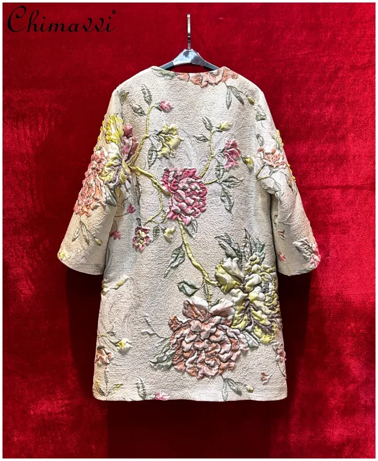 Vintage Relief Jacquard Heavy Nail Bead Jacquard Embroidery New Chinese Style Coat Autumn New High-end Fashion Loose Long Trench