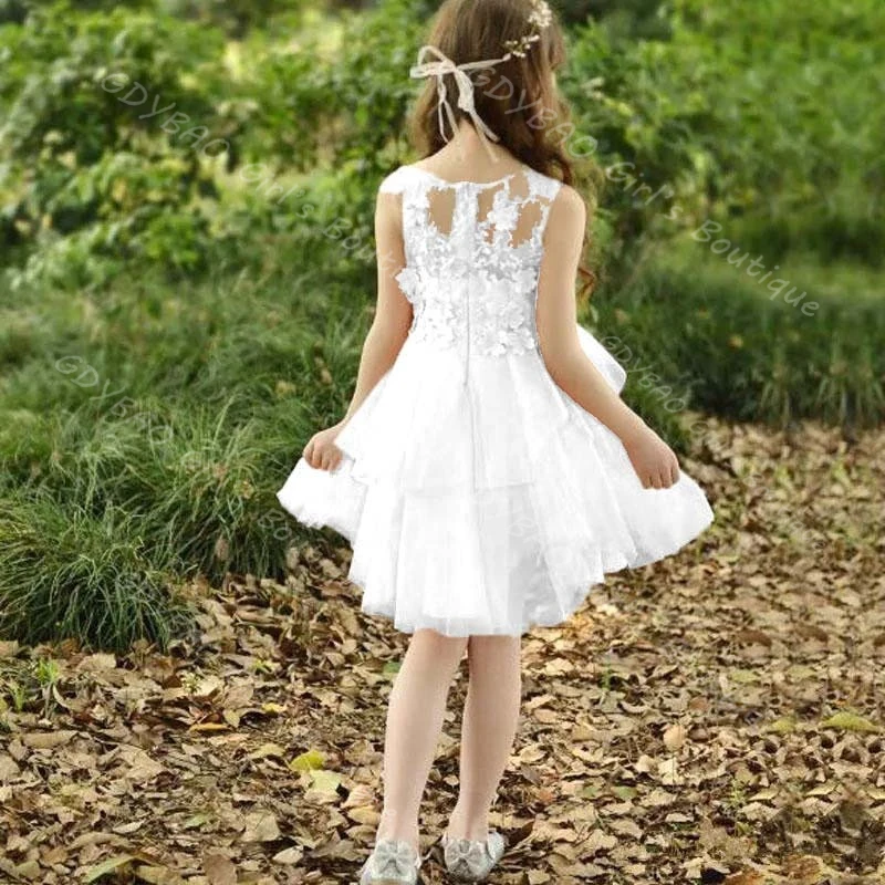 Vestido de renda com apliques para meninas, vestido para casamento, crianças, gola redonda, comprimento do joelho, tule em camadas, princesa, aniversário, vestidos personalizados