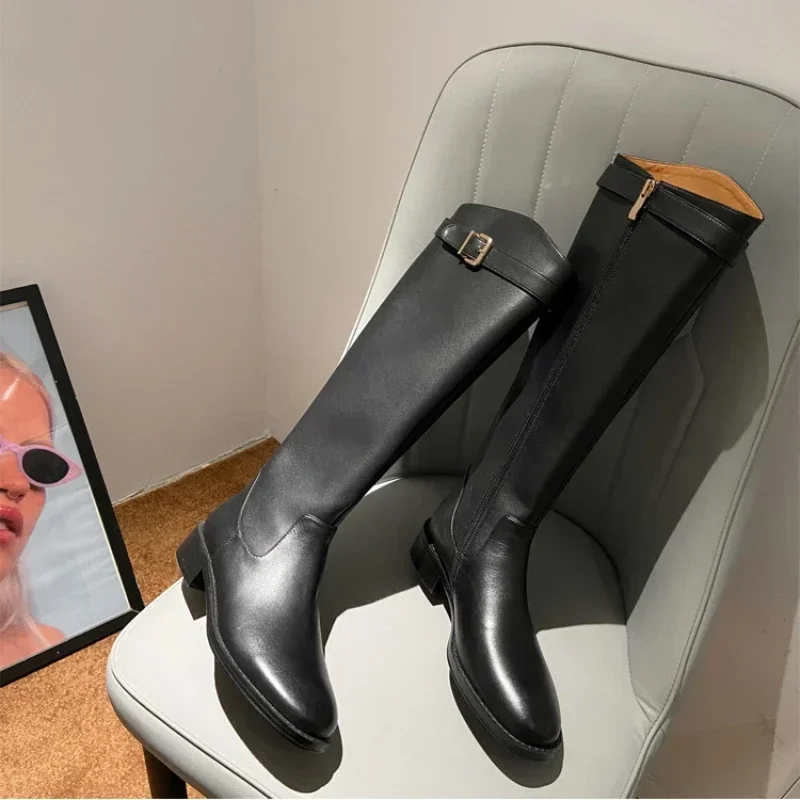 Women Low Heeled Knee High Boots Autumn Winter New Design Soft Leather Knight Boots Fashion Round Toe Warm Botas Botas De Mujer