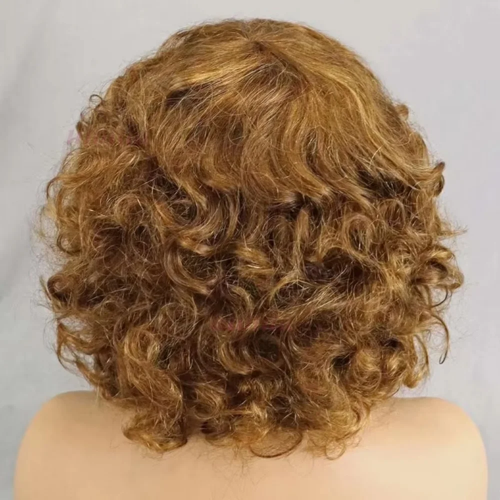 99J Burgunder Fumi Lockige Bob-Perücke, Federnde Pixie-Cut-Perücke mit Highlights, Vollmaschinell Gefertigte Eierlocken, Lockige Echthaar-Perücken für Frauen mit Pony – Detail 12