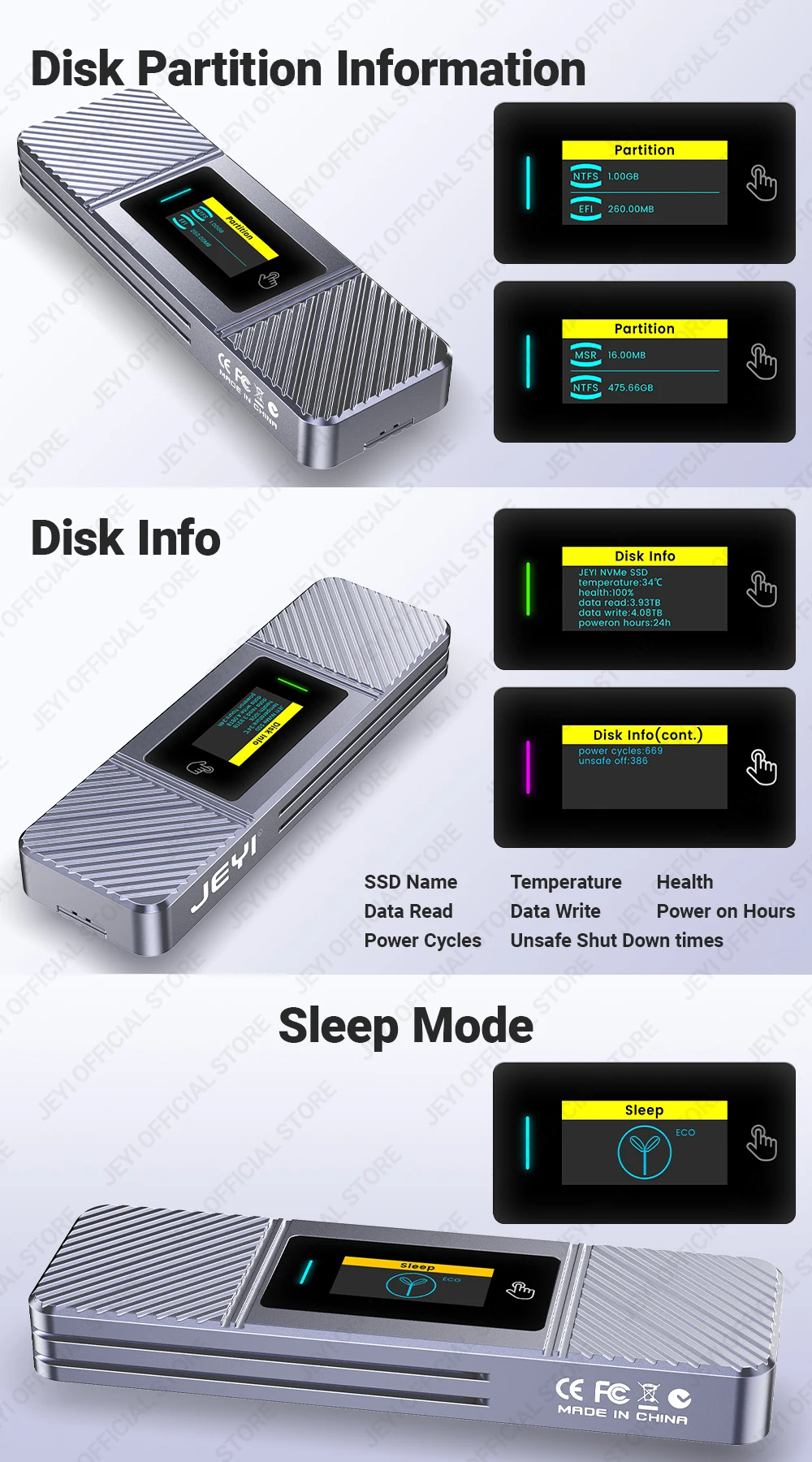 JEYI Visual Smart M.2 NVMe NGFF SSD-Gehäuse, unterstützt 5s-Schreibschutz, 3s Re-connect, USB 3.2 Gen2 10 Gbit/s, UASP-Trimmung – Detail 5