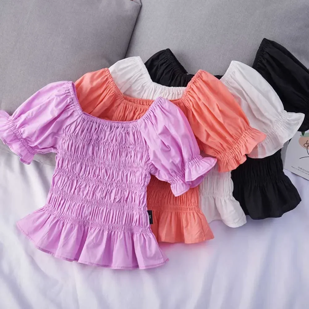 Baby Girls T-Shirt Toddler Short Puff Sleeved Tops 2024 Summer Children\'s Candy Color Clothing Kids Korean Style Top Tees