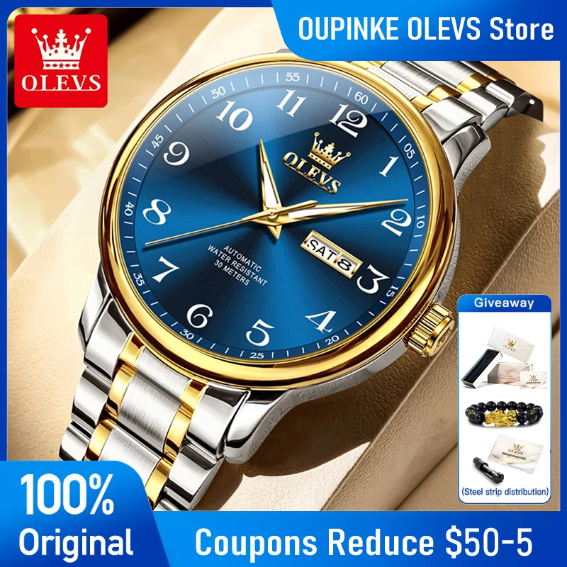 

OLEVS 7072 New Mens Watch Original Simple Automatic Mechanical Watch Waterproof Stainless Steel Day Date Watch For Man Gifts
