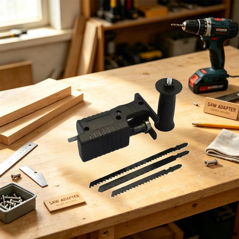 Portable Reciprocating Electric Saw Adapter Electric Drill Modified Tool Attachment with 3 Saw Blades for Wood Metal Cutting