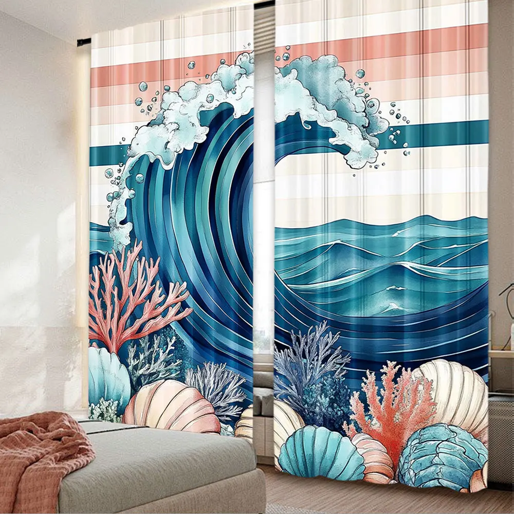 2Pcs Abstract Contemporary Curtain Waves Shells Coral Shape Simple Design Suitable For Bedroom Living Room