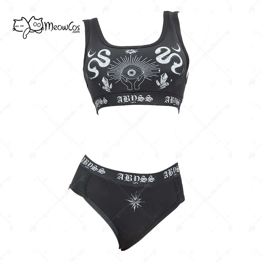 MEOWCOS Halloween Gothic Black Women Lingerie Top and Brief Set Dark Style Sports Tank Top Set