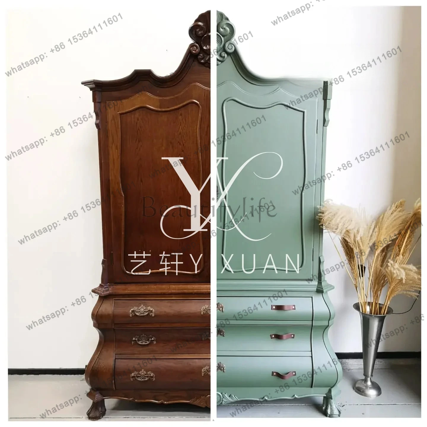French Solid Wood Carving Flower Living Room Decorative Cabinet American Modern Simple Dining Room Storage Wine Cabinet