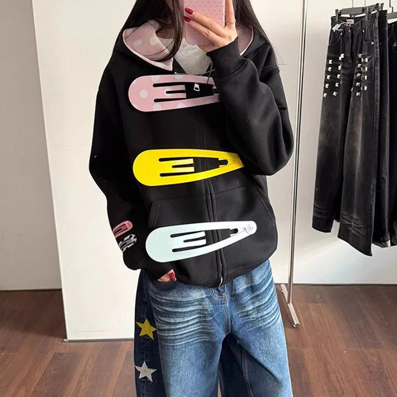 2026 New Harajuku Zipper Sweet Giant Hairpin Long Sleeve Loose Comfortable Sweatshirt Polka Dot Hairpin Pattern Women's Hoodies