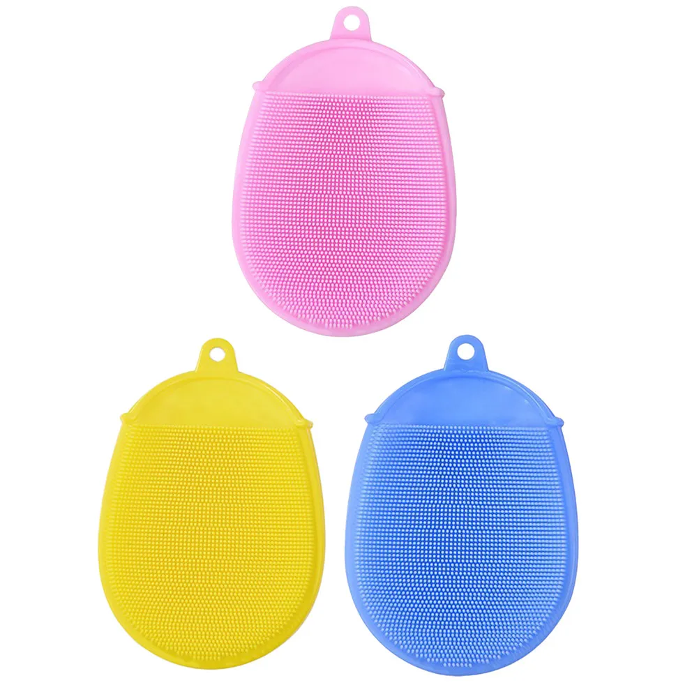3Pcs Baby Silicone Bath Brush Food Grade Hygienic Hanging Ring Design Quick Dry Portable Face Body Fruit Tableware Cleaner