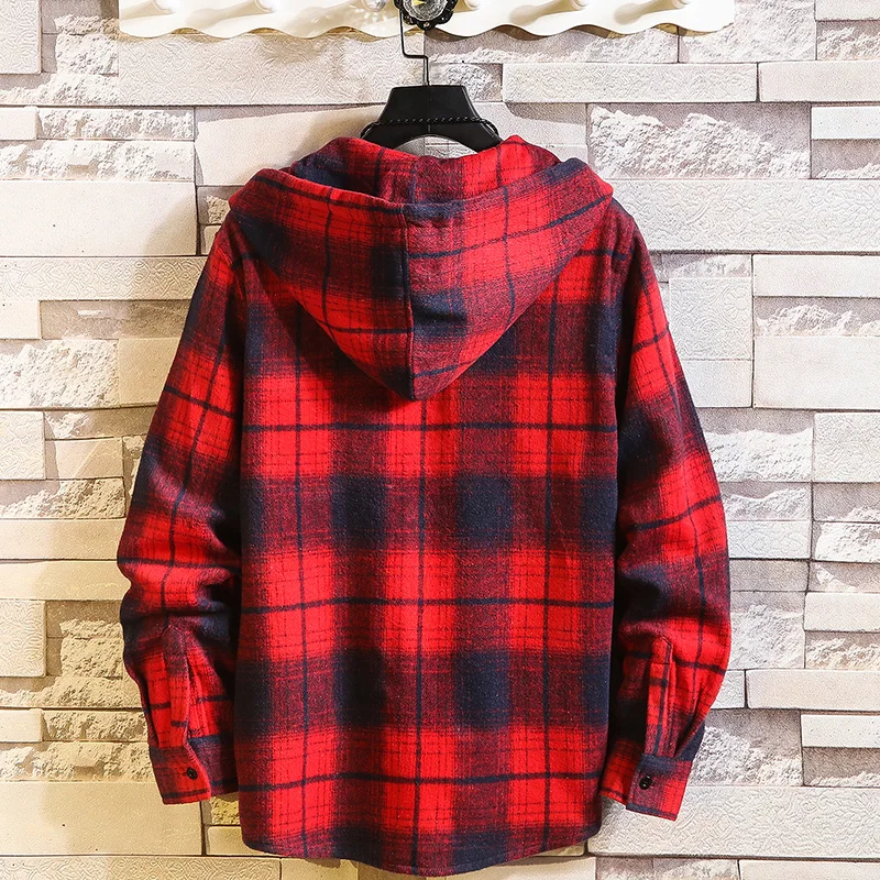 Casual Brand With Hooded Plaid Shirt Men'S Fleece Red Shirts Long Sleeves 2023 New Spring Autumn Plus OverSize S-7XL