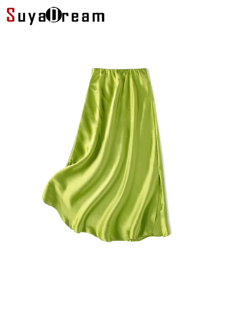 

SuyaDream Women Long Skirt, 100%Real Silk, Elastic Waist, Green A-Line Skirts, 2025 Spring Summer Bottoms