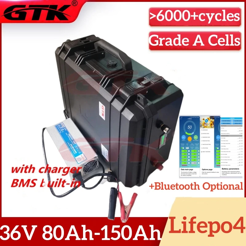 GTK 36V LiFepo4 100Ah 80Ah 120Ah 150Ah Lithium Battery with Bluetooth BMS 12S for Ttrolling Motor Propeller Boat Solar System