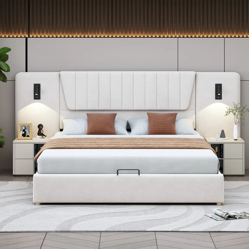 Luxuriöses Polsterdoppelbett mit extra langem Kopfteil, drehbaren Leselampen mit USB-Ladeanschlüssen, hydraulischem Stauraum, Samtbezug, Beige