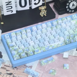 Blue Korean Keycap 133Keys Elegant Green Endless Summer Hydrangea Cherry Side Engraved For Mx Keyboard Plant Flower KR Keycap