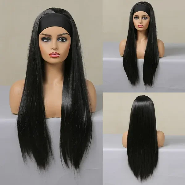 

Long Black Straight 3/4 Half Headband Synthetic Cosplay Women Heat Resistant Hair wig