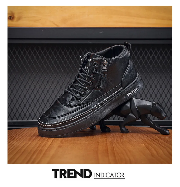 

Men's trend versatile leather shoes casual platform thermal cotton Winter fleece boots men's high-top shoe