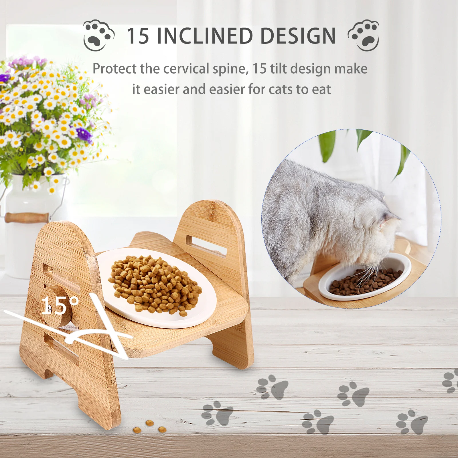 

Creative Ceramic Cat Elevated With Adjustable Wood Stand Multi-Use Food Water Container For Small Cats Dogs Durable