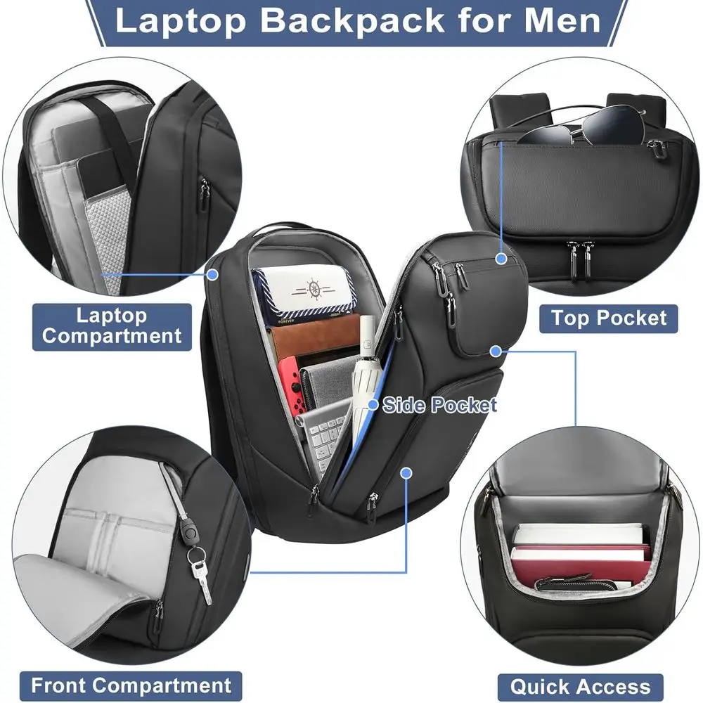 hk BusinSmart 백팩 또는 남성용 도난 방지 또는 17.3인치 노트북용 USB 충전 포트 포함 방수 대용량 내구성 컴팩트 30L 또는