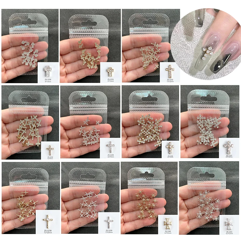 20Pcs Retro Cross Nail Charm Silver Diamond Alloy Rhinestones Cross Charms Gothic Punk Nail Art Supplies for Acrylic Nail Decor