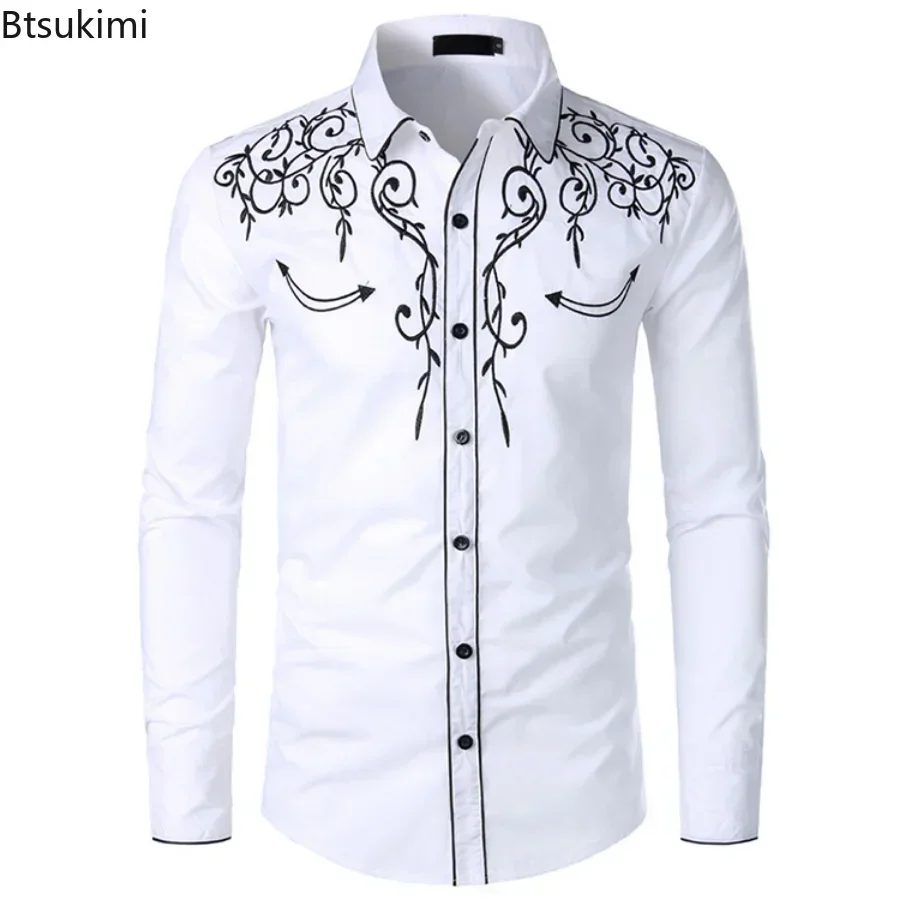 2025 Men's Fashion Embroidered Shirt Western Style Club Party Wedding Long Sleeve Shirts for Men Lapel Single -breasted Shirt