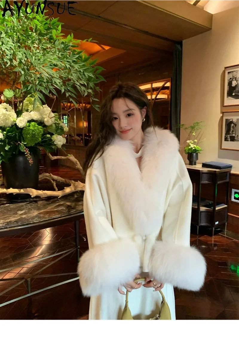 AYUSNUE Women Short Oversized Double Face Cashmere Wool Coat Fox Fur Loose Fit Fur Overcoat Ladies Autumn Winter Clothing New