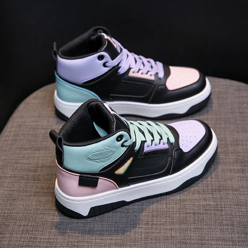 

Luxury Women Color Sneakers High Top Leather Athletic Breathable Skate Shoes Lace Up Flat Non-slip Walking Shoes Tenis De Mujer