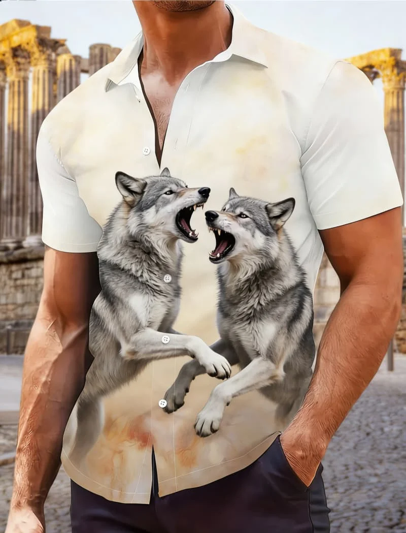 Men's Classic Wildlife & Nature Print Short Sleeve Shirt, Versatile Summer Shirt for Vacation, Daily Wear and Gatherings