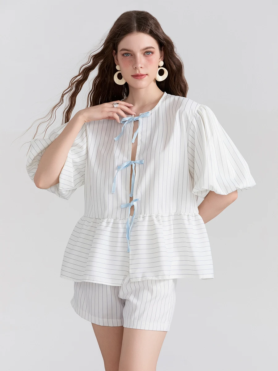 Women Y2k Summer 2 Piece Lounge Outfits Casual Puff Sleeve Front Tie Shirt Tops Boxer Shorts Pajamas Set