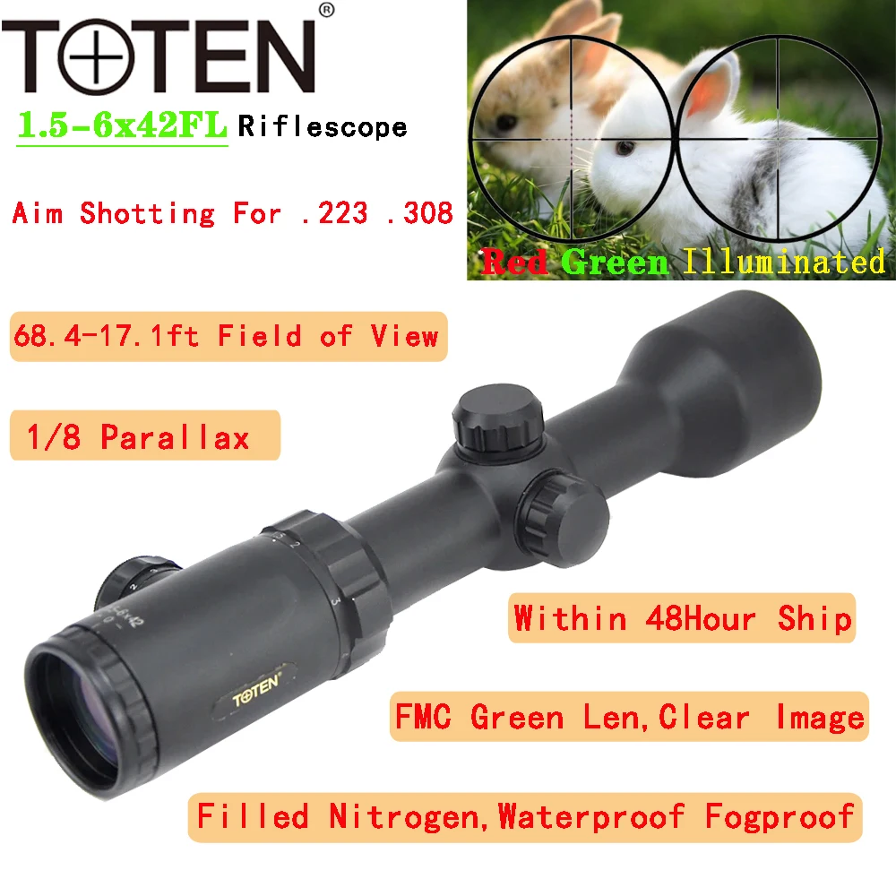 

TOTEN Wide Angle 1.5-6x42 Hunting Riflescope 0.5MOA Mil-dot Reticle Illuminated 30mm Tube M16 Ar15 Air-soft Target Optical Sight