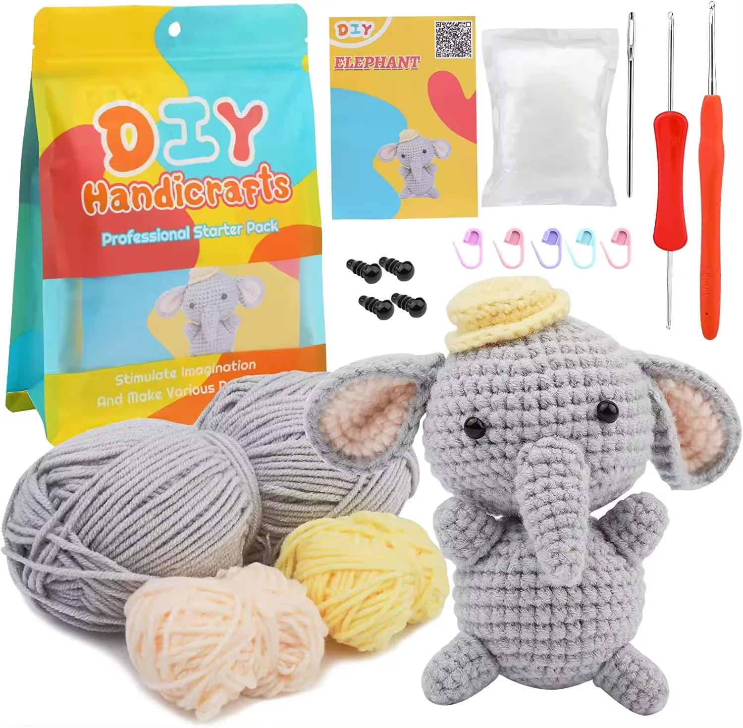 Kit all'uncinetto fatto a mano fai-da-te a forma di elefante piccolo con design di imballaggio personalizzato per set per principianti all'uncinetto fai-da-te