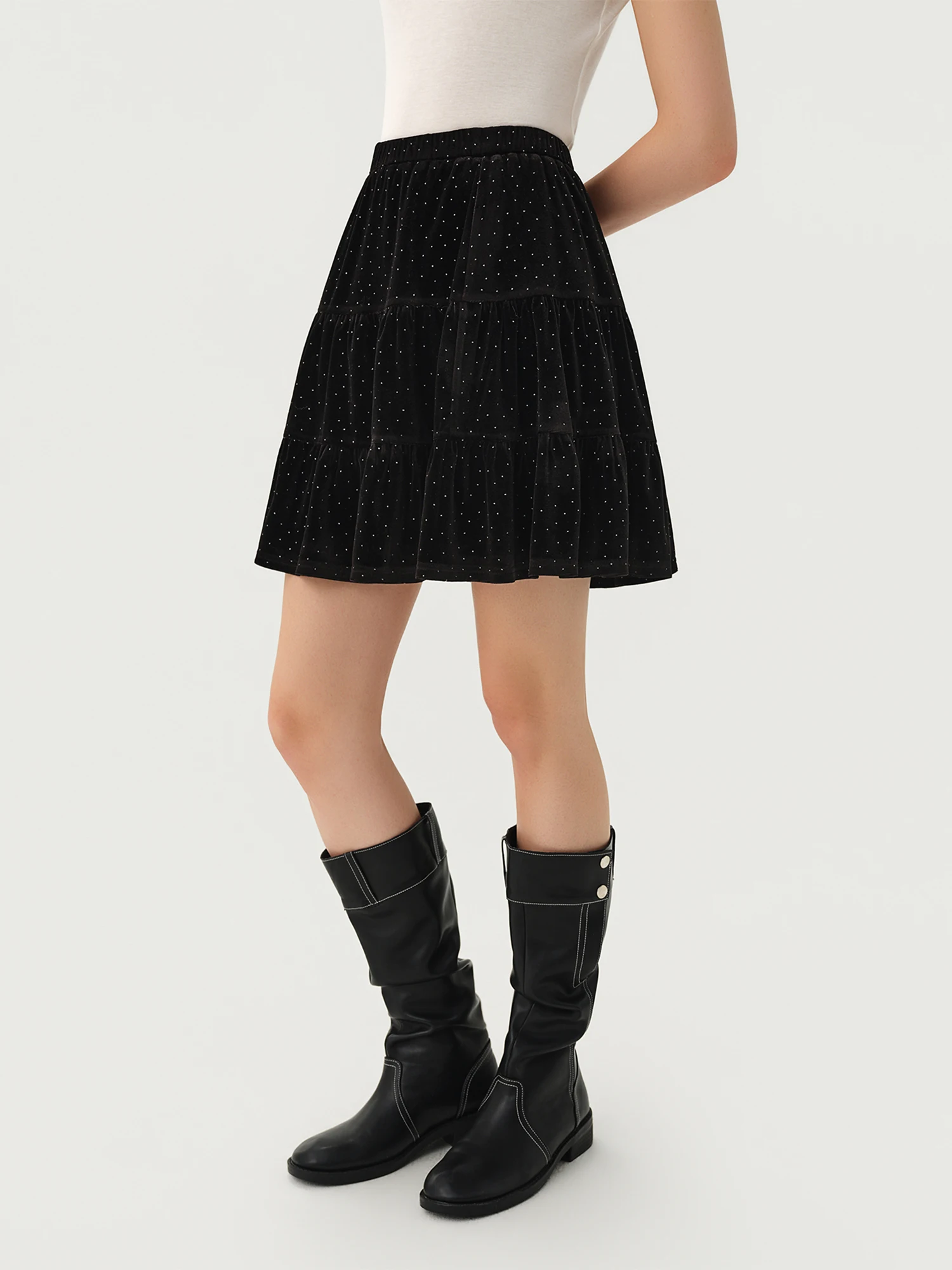 DUSHU Velvet Shimmering Cake Skirt Women New Winter 2026 Elastic Waist Style Black Evening Elegant A-line Skirt Dating