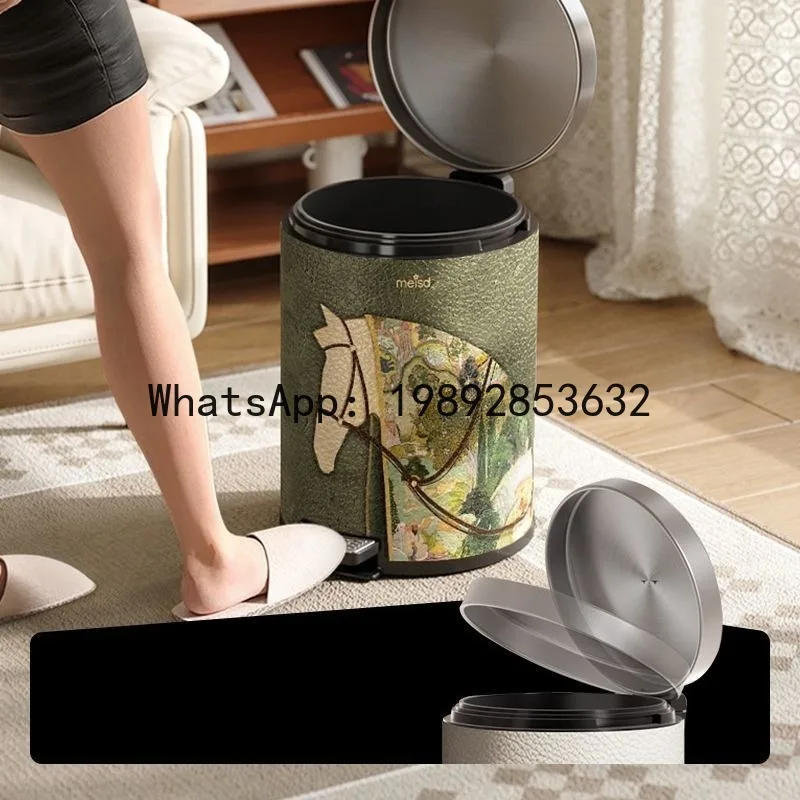 

Pedal Trash Can Stainless Steel Trash Bin Luxury Large Capacity Bedroom Kitchen Litter Bins Round Leather Bathroom Dustbins
