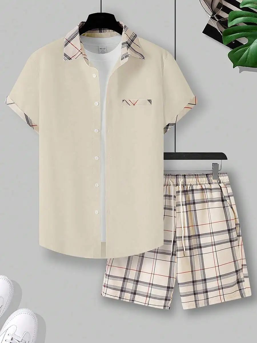 Manfinity Homme Men's Summer Plaid Splicing Short Sleeve Shirt And Shorts Casual 2-Piece Set Men Short Sleeve Dress Shirt, - view 5